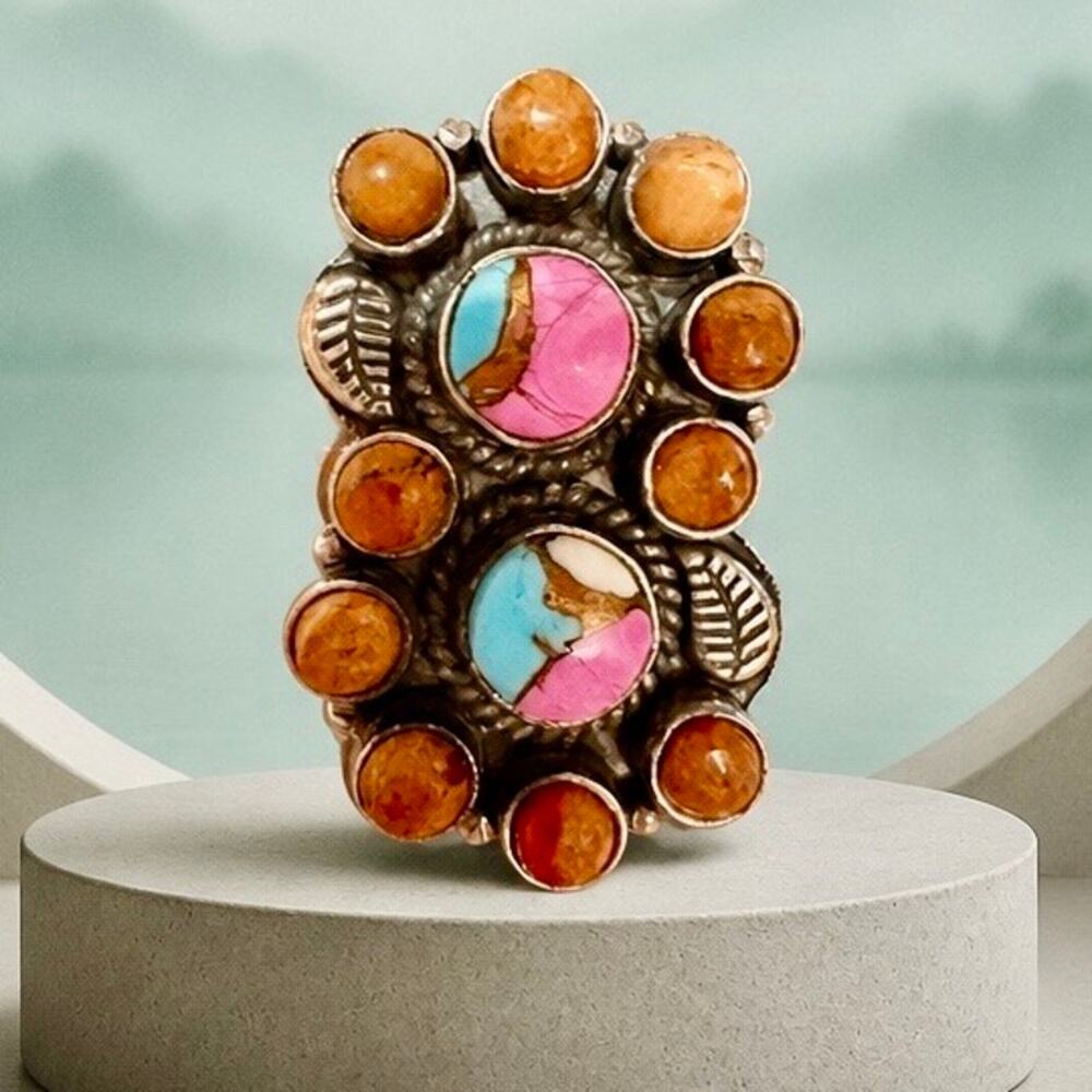 Cotton Candy & Spiny Oyster  Ring Size 8 Sterling Silver